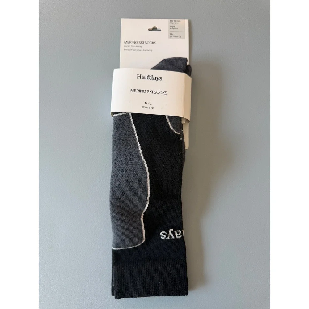 Halfdays Light Cushion Merino Ski Socks Womens M/L 9-12 Black Grey NWT